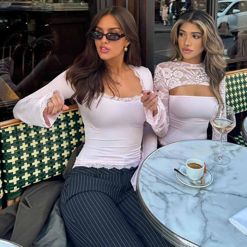 Lace Flare Sleeve Square Neck Top [KXQ5X4VG]