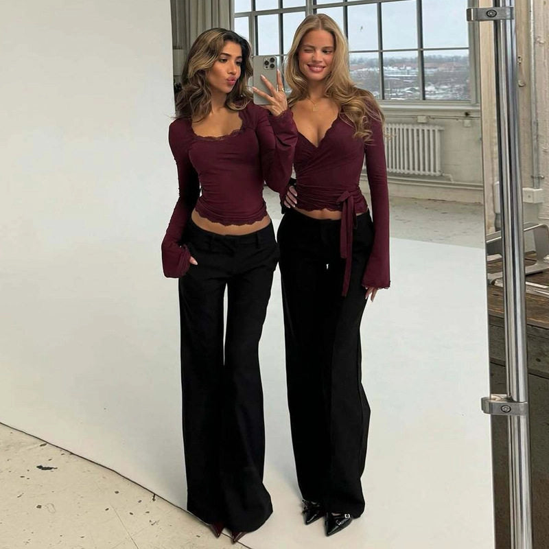 Lace Flare Sleeve Square Neck Top [F3XERN51]