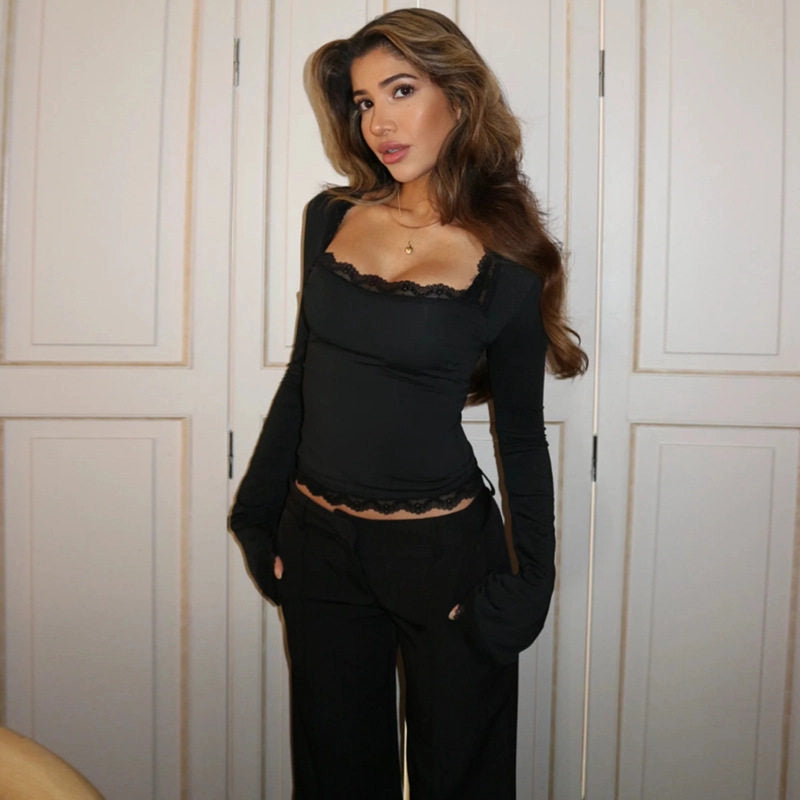 Lace Flare Sleeve Square Neck Top [GRAJYQY0]