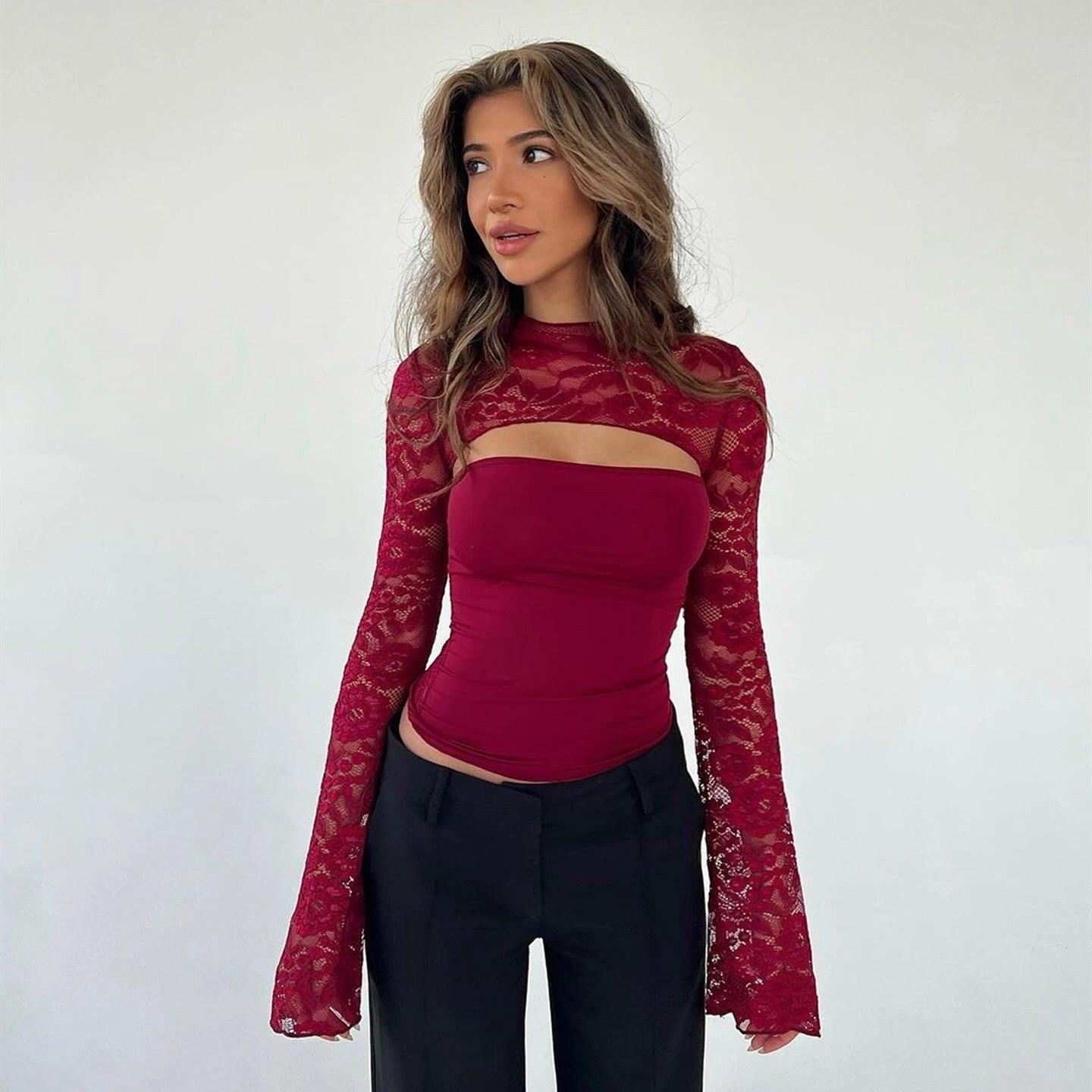 Lace Patchwork Flared Sleeve Top [DG6CVH4O]