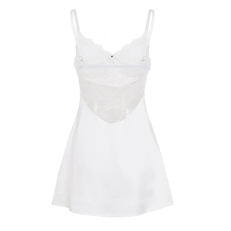 Lace Splicing Satin Mini Dress [0IS384WG]