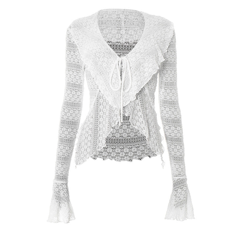 Lace Tie-Front Bell Sleeve Top [3ISNSQ12]