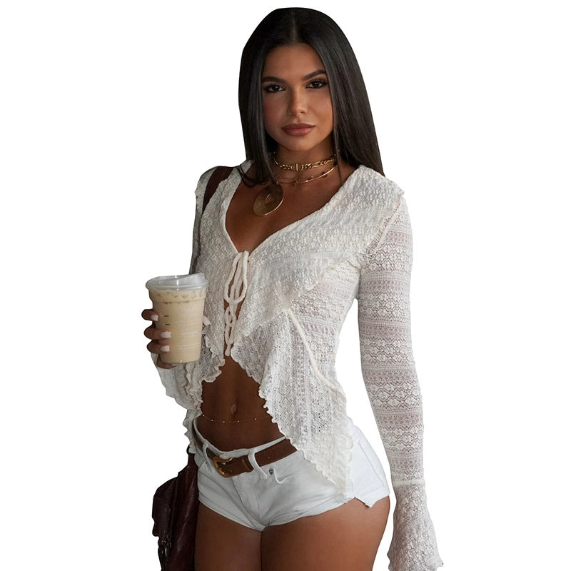 Lace Tie-Front Bell Sleeve Top [M8GLNOXI]