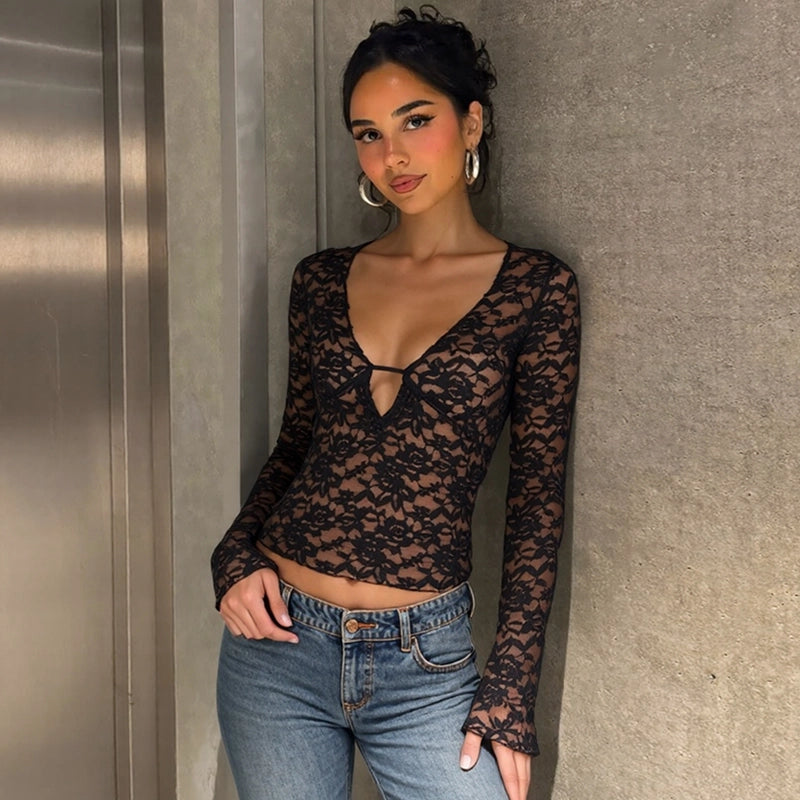 Lace Tie-Front Long Sleeve Top [VJLCJ2C2]