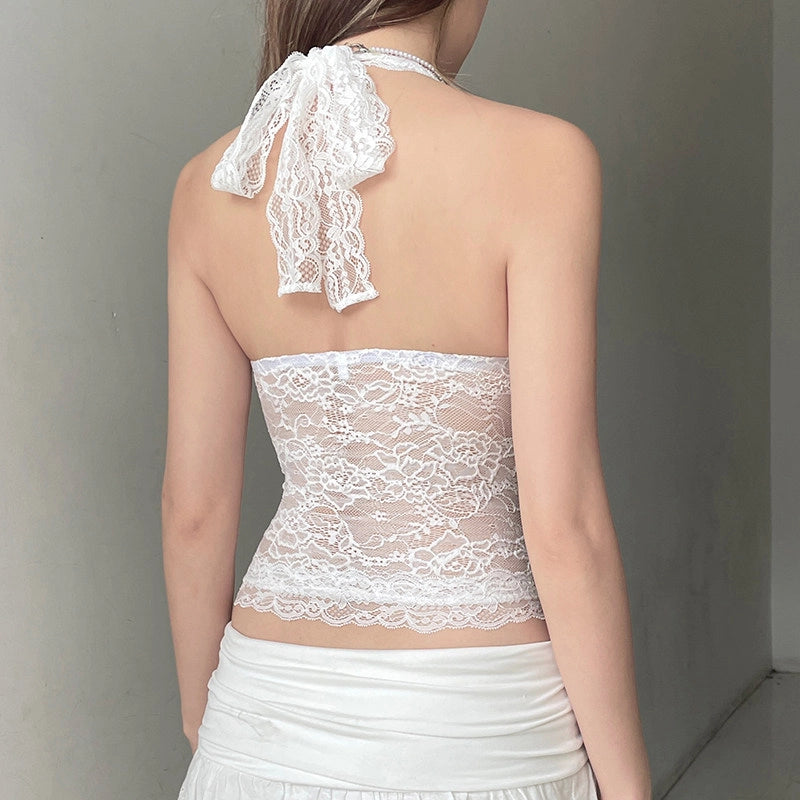 Lace Trim Halter Camisole Top [WLJY24DN]
