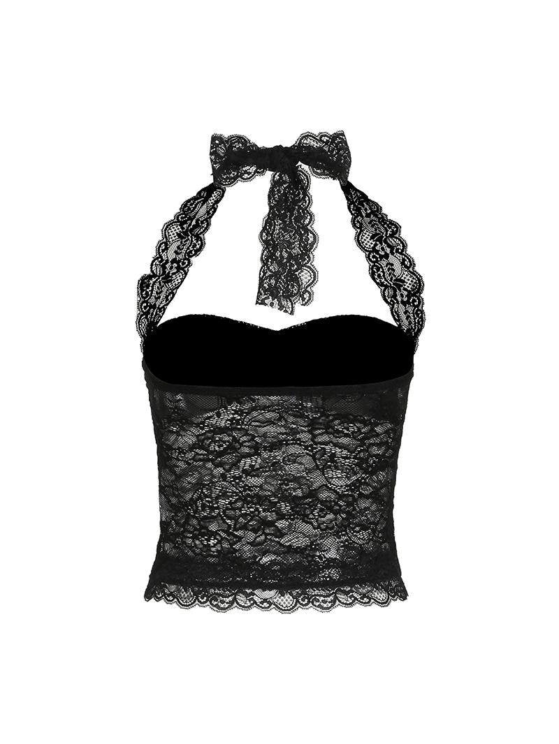 Lace Trim Halter Camisole Top [T2J275BW]