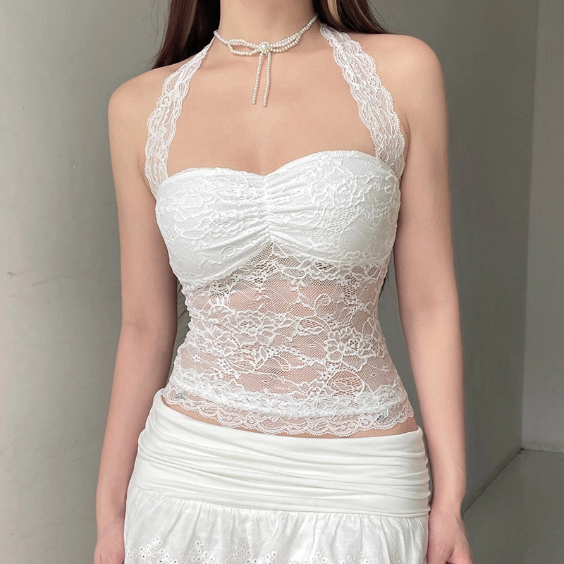 Lace Trim Halter Camisole Top [5QDDXXM5]