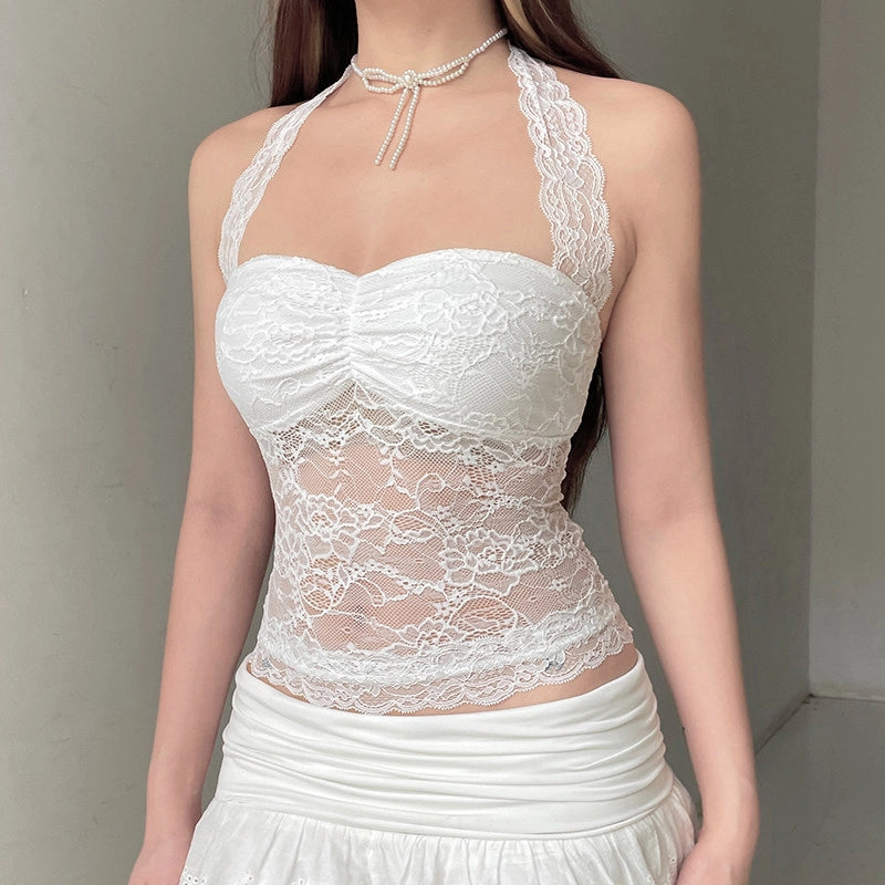 Lace Trim Halter Camisole Top [U0PHSSPU]