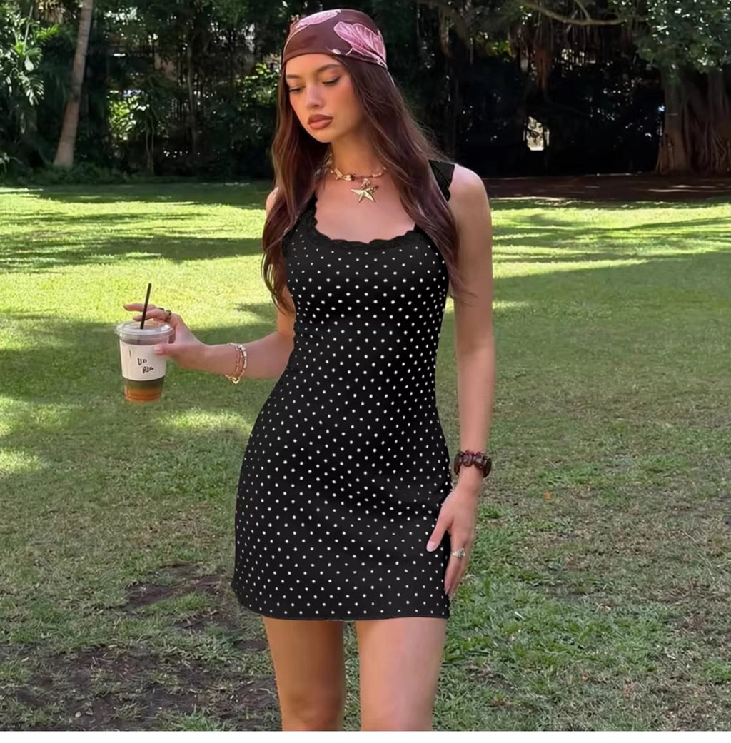 Lace Trim Polka Dot Mini Dress [HHL9RG0G]