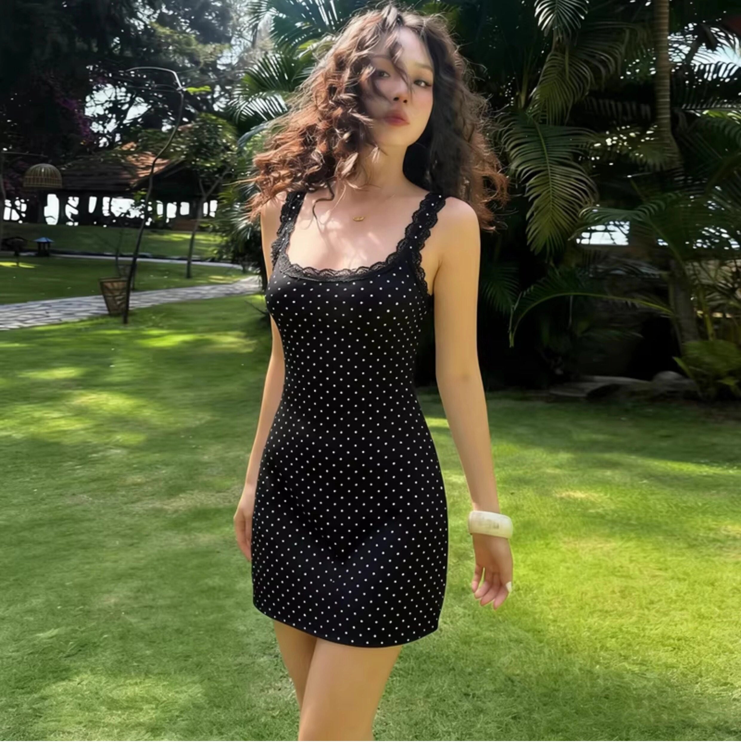 Lace Trim Polka Dot Mini Dress [MNM2ITKO]