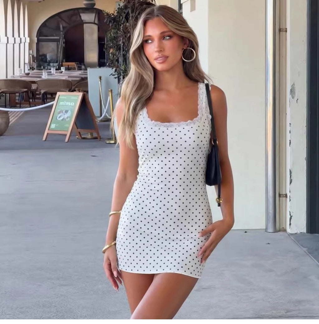 Lace Trim Polka Dot Mini Dress [6LSP82TF]