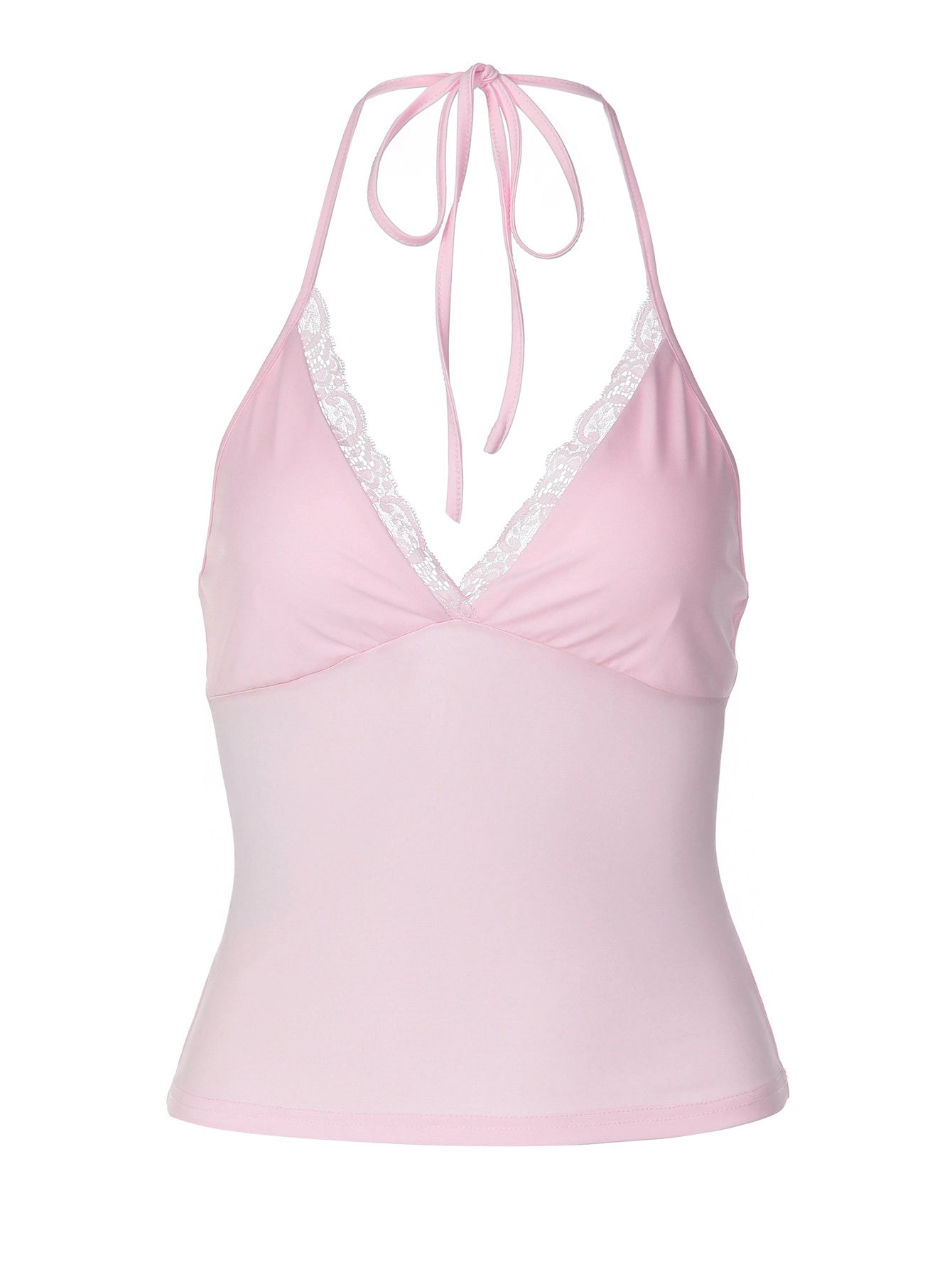 Lace Trim V-Neck Halter Top [66FRLRBN]