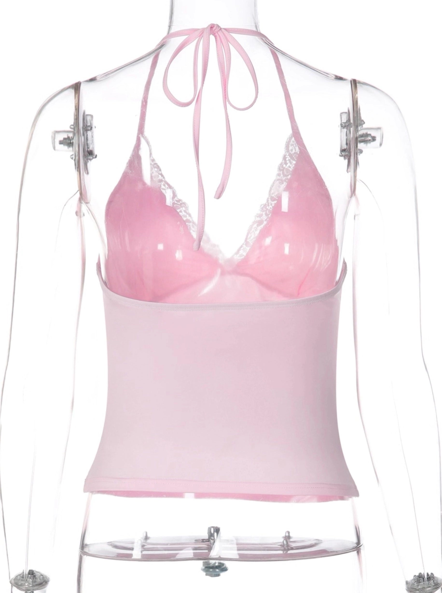 Lace Trim V-Neck Halter Top [2UTEOE4Y]