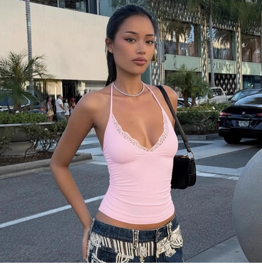 Lace Trim V-Neck Halter Top [4HES2RL6]