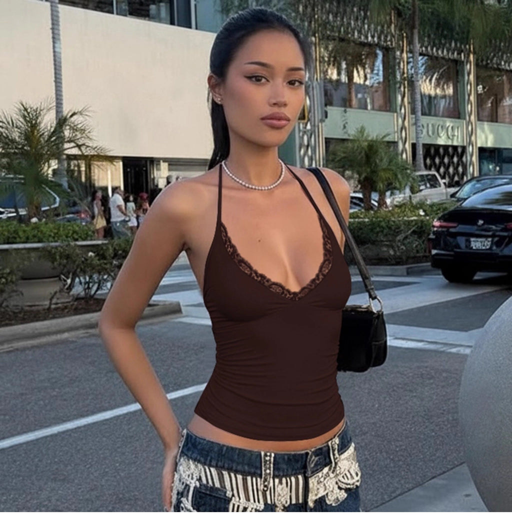 Lace Trim V-Neck Halter Top [UG7E6EBX]