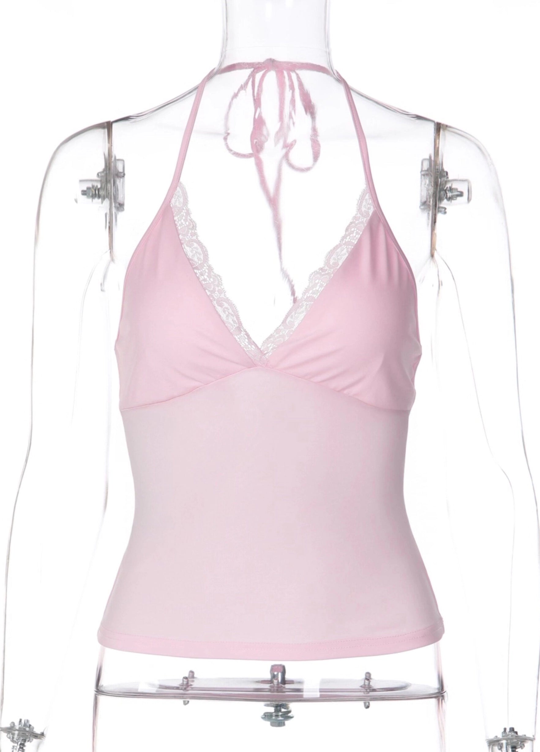 Lace Trim V-Neck Halter Top [T0XHBHFO]