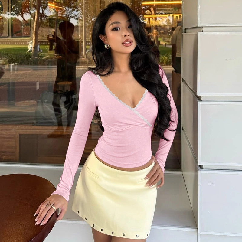 Lace Trim V-Neck Long Sleeve Top [7NBDMNNL]