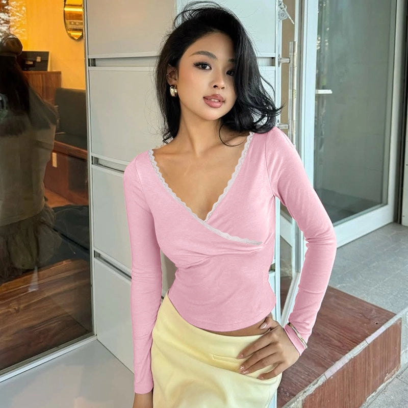 Lace Trim V-Neck Long Sleeve Top [8K3V9YST]