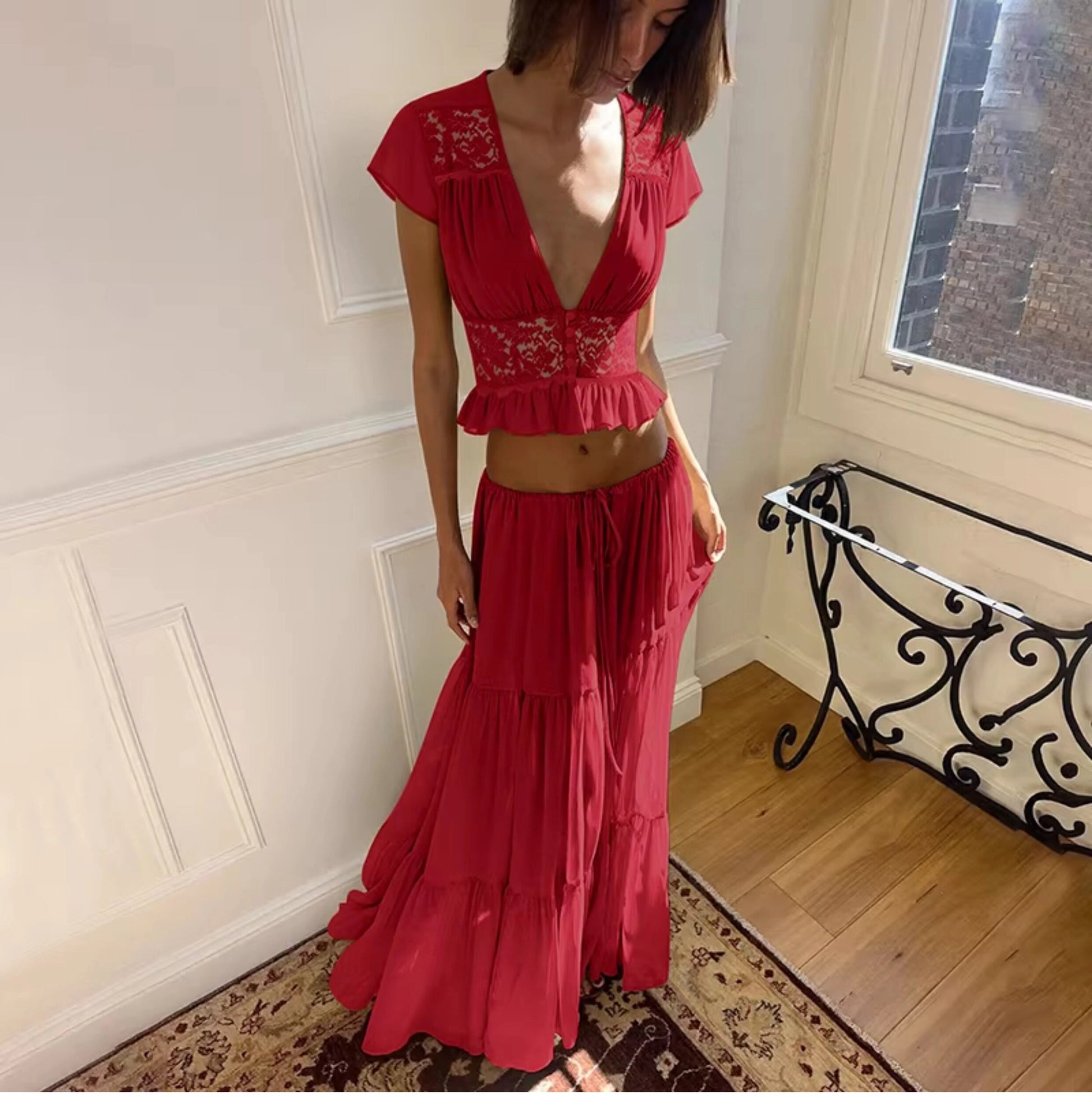 Lace V-Neck Two-Piece Skirt Set [03Z5FQZR]