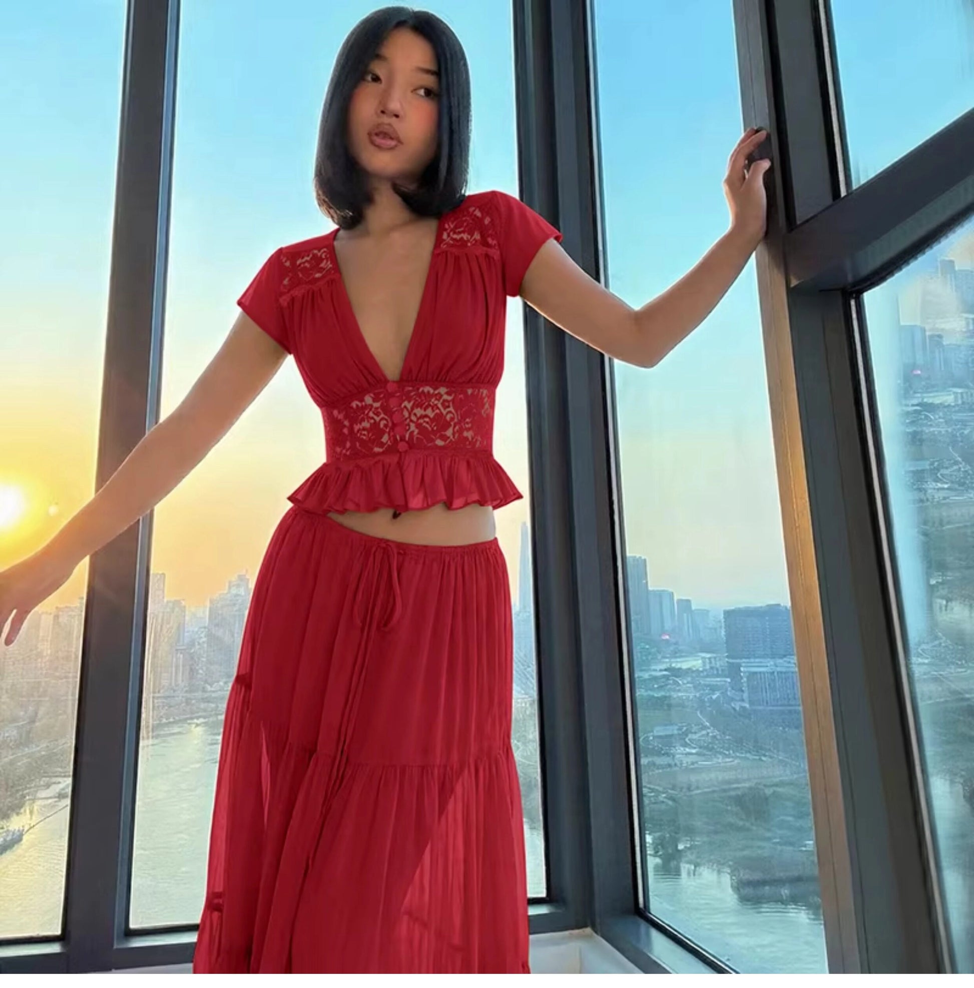 Lace V-Neck Two-Piece Skirt Set [PYC7ZSOL]