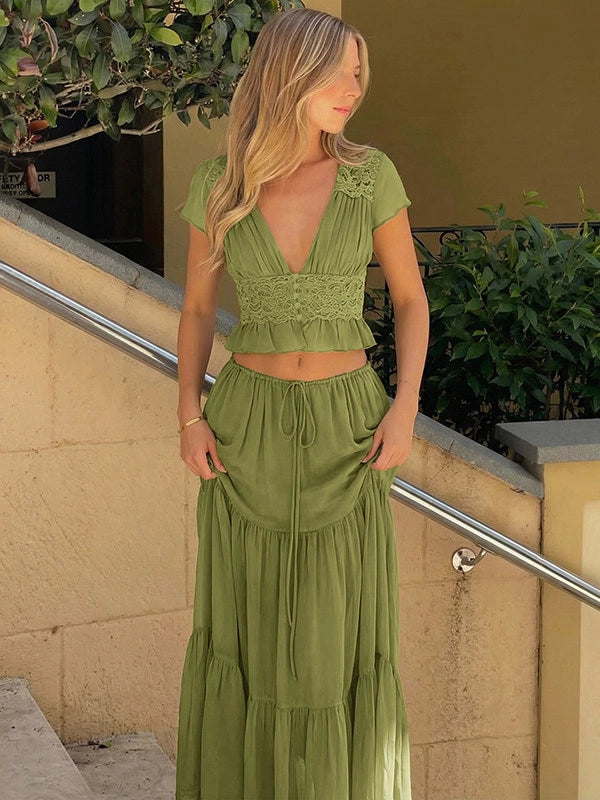 Lace V-Neck Two-Piece Skirt Set [YHZ2Q5JH]