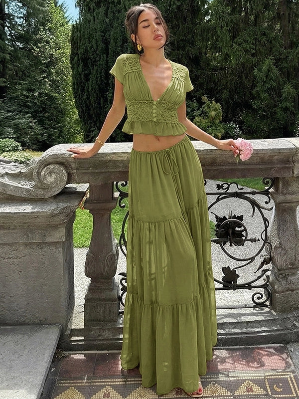 Lace V-Neck Two-Piece Skirt Set [C6BBSA3V]