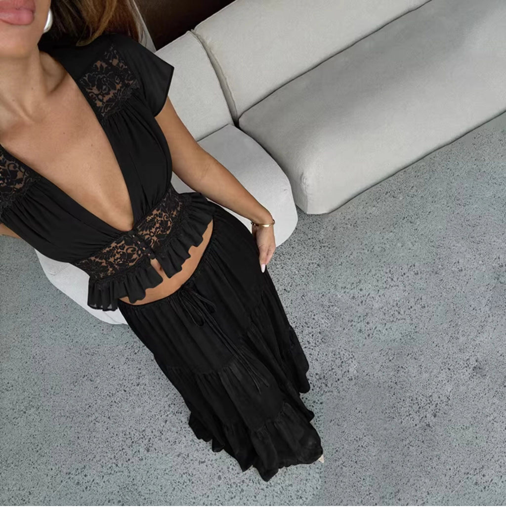 Lace V-Neck Two-Piece Skirt Set [0XHSEVTL]