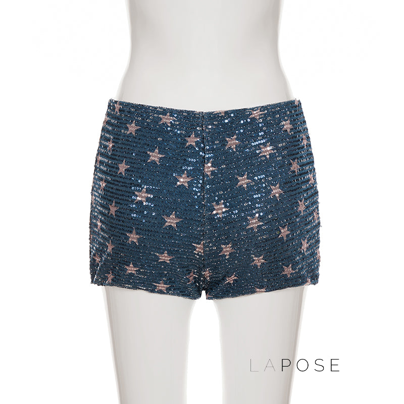 Laikynn Blue Sequin Shorts [P38P1EO4]