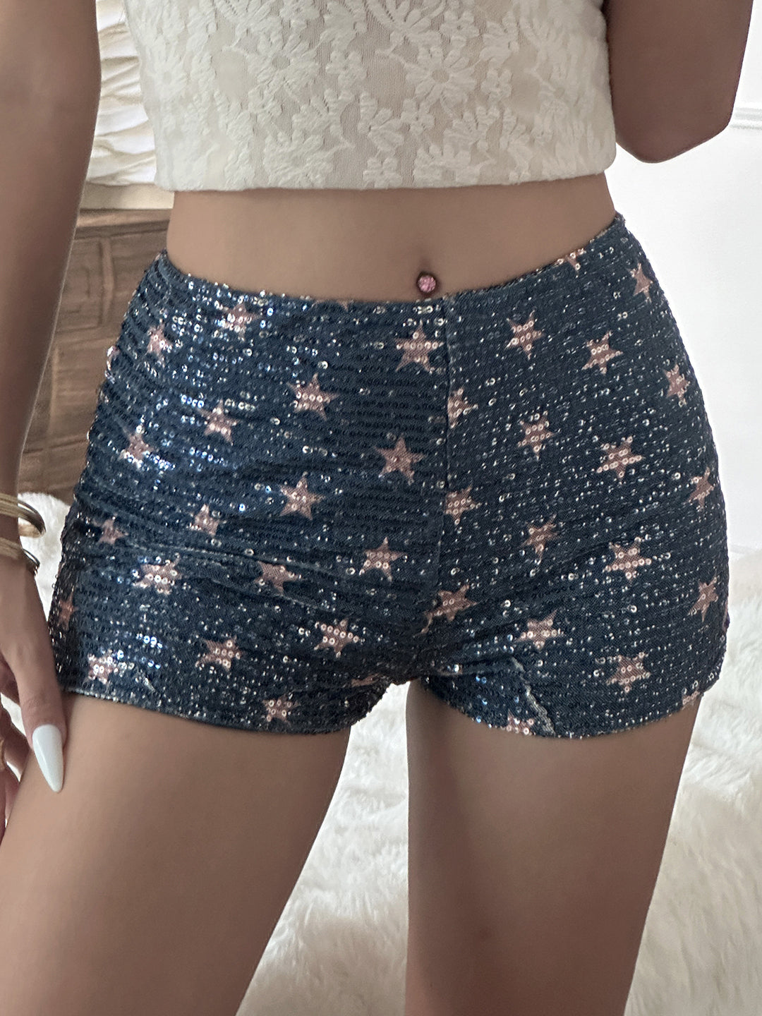 Laikynn Blue Sequin Shorts [JM6ZJTOC]