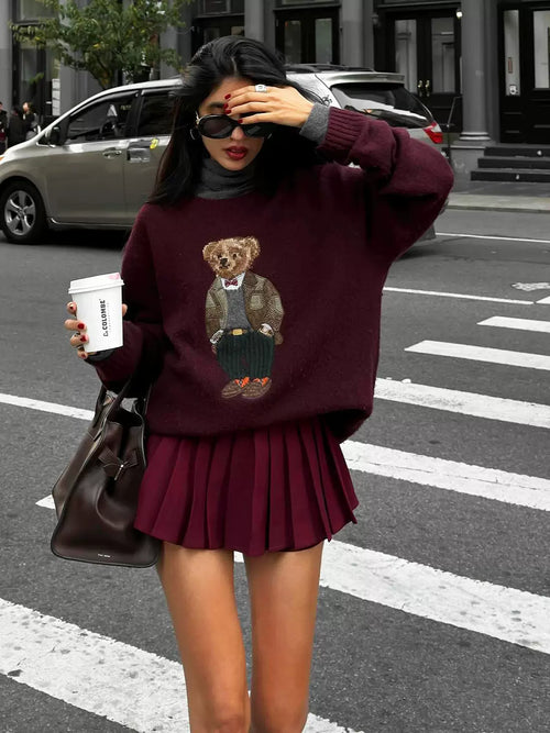 LaPose - Lake Bear Embroidered Knit Sweater - Wine Red Color