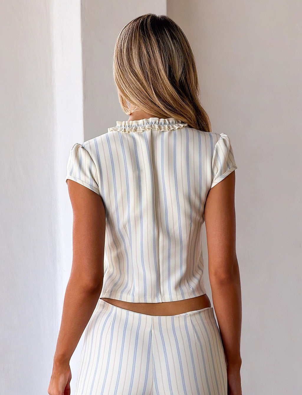 LaPose Lakota Ruffled Pinstripe Shorts