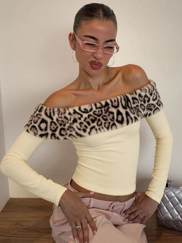Leopard Print Fur Trim One-Shoulder Top [2TBR8JTJ]