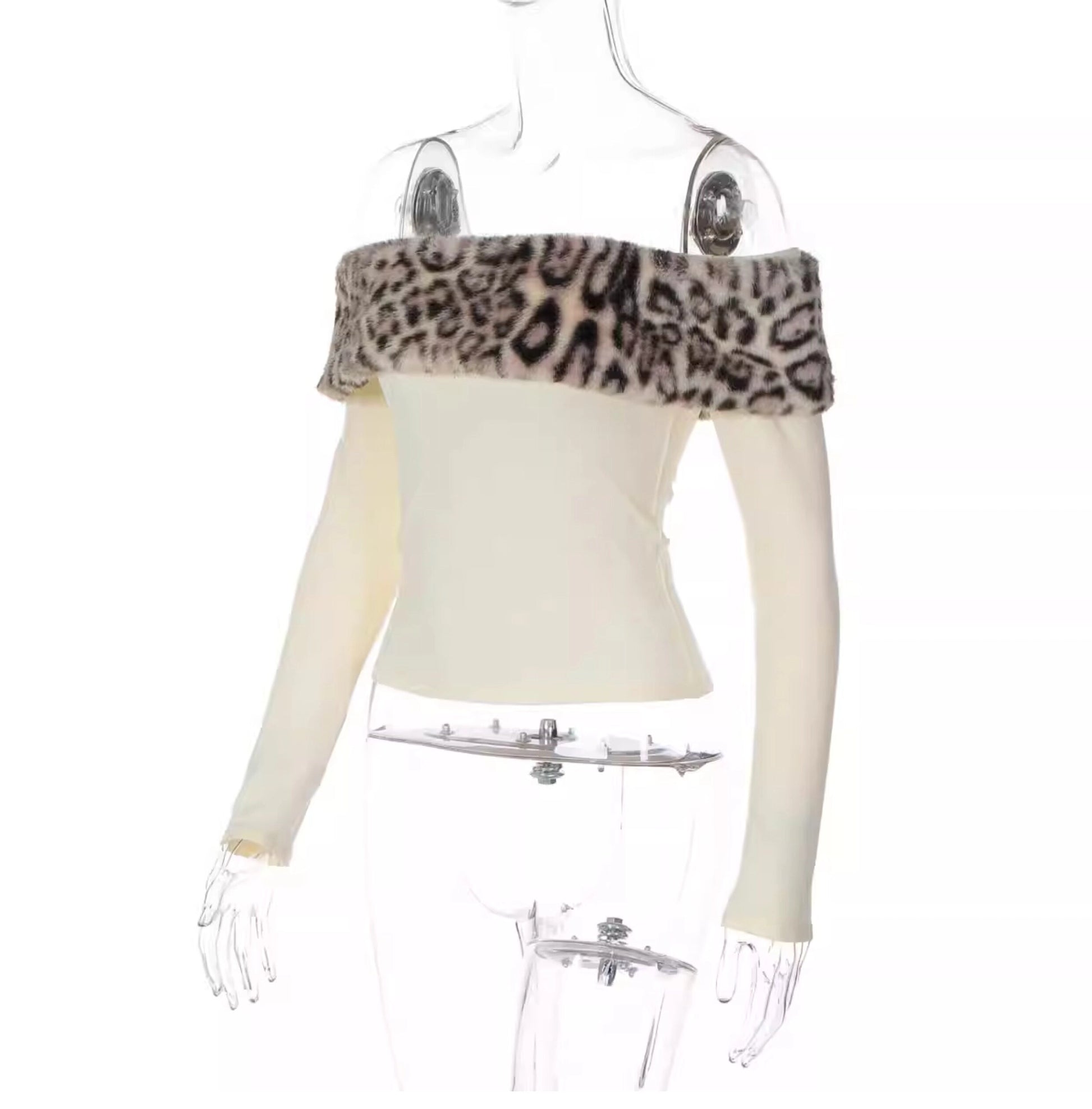 Leopard Print Fur Trim One-Shoulder Top [5XJ03IVY]
