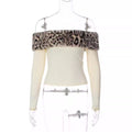 Leopard Print Fur Trim One-Shoulder Top [OPW6R06V]