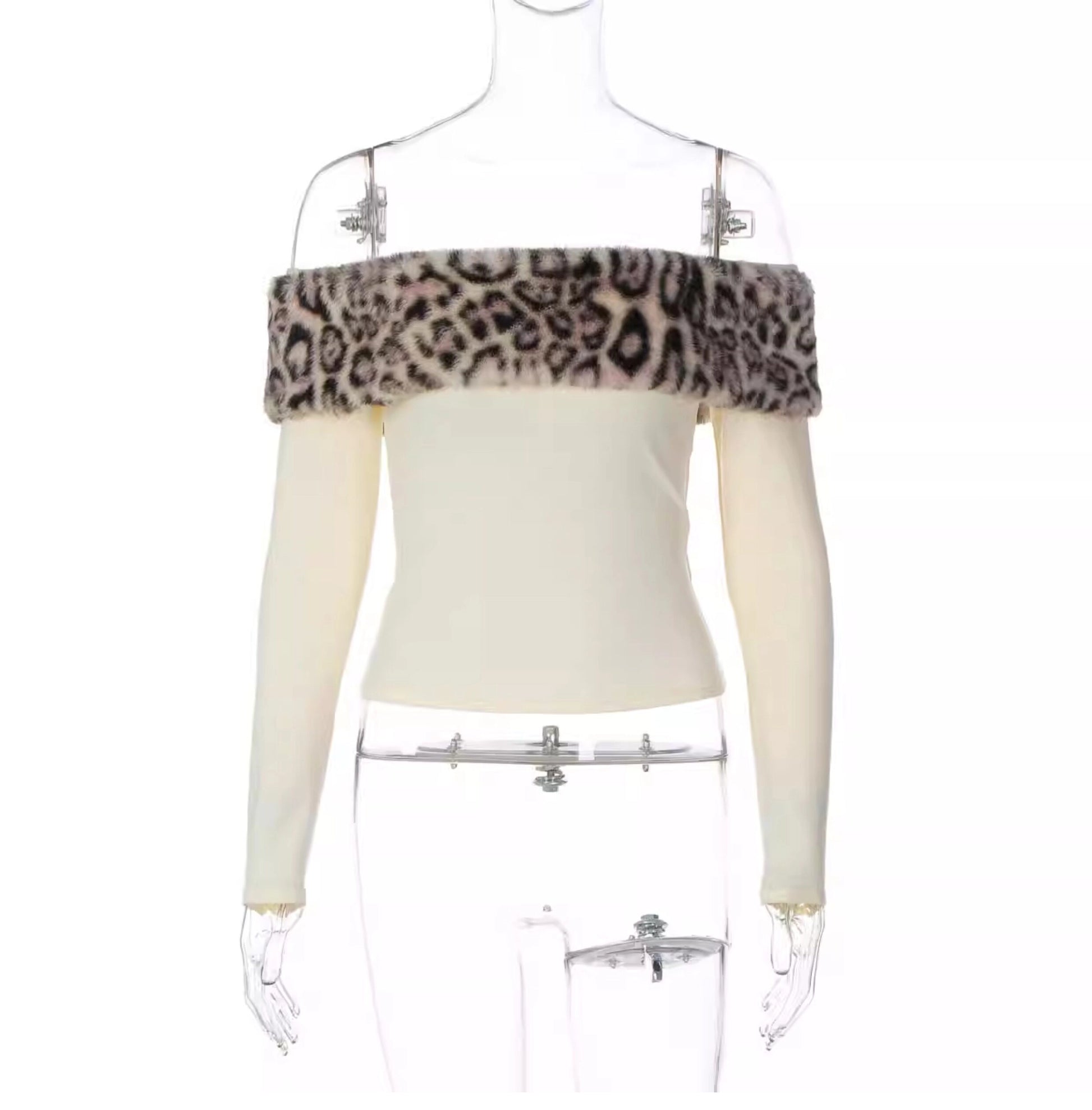 Leopard Print Fur Trim One-Shoulder Top [OPW6R06V]