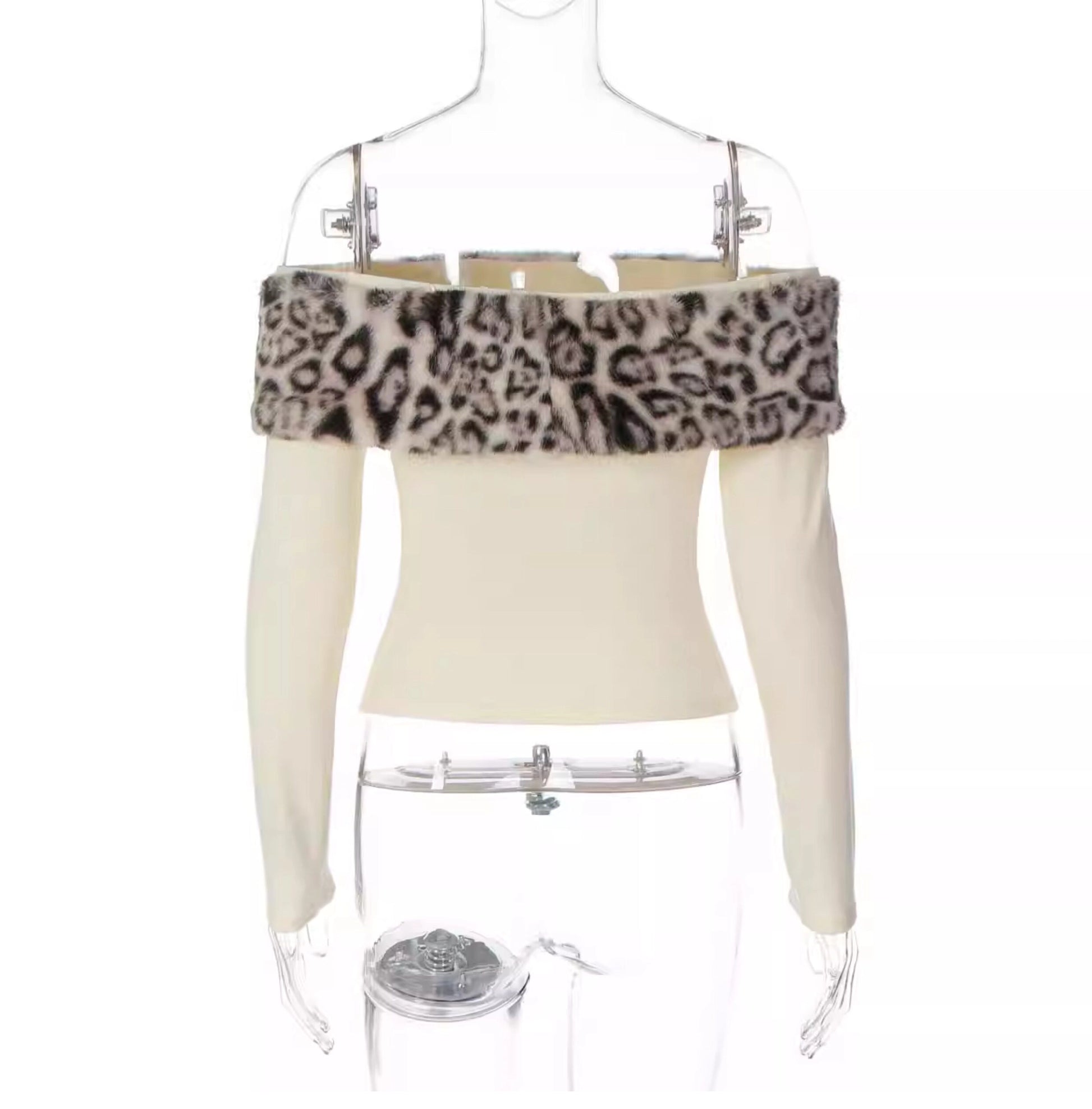 Leopard Print Fur Trim One-Shoulder Top [6EU3HXOI]