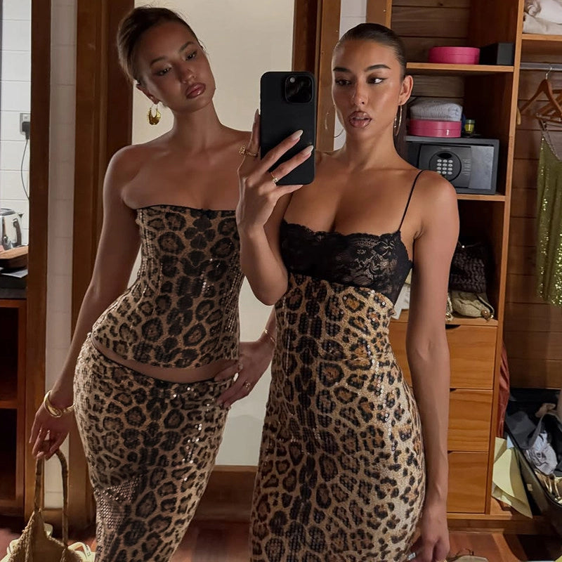 Leopard Sequin Two-Piece Skirt Set [L94VM0M7]