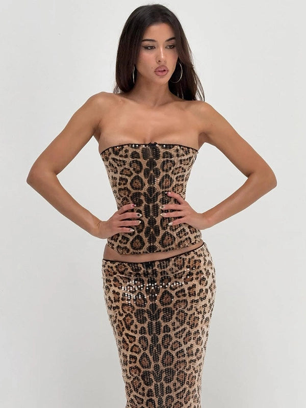Leopard Sequin Two-Piece Skirt Set [4KMA81MR]