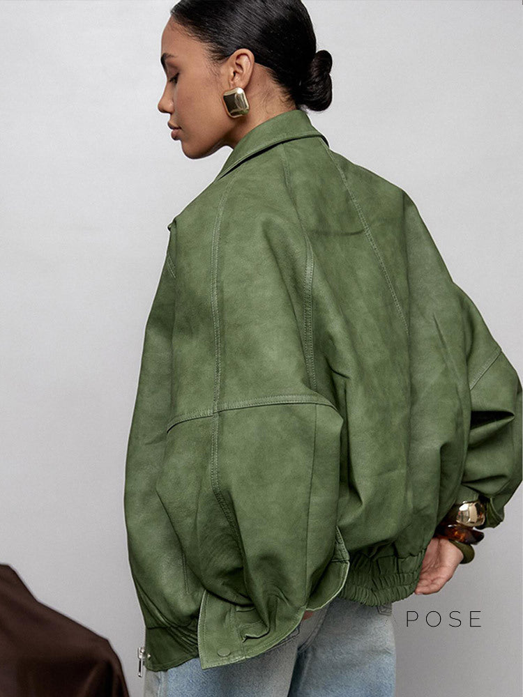 Lilia Green Oversized Faux Leather Jacket [M3R7IFED]