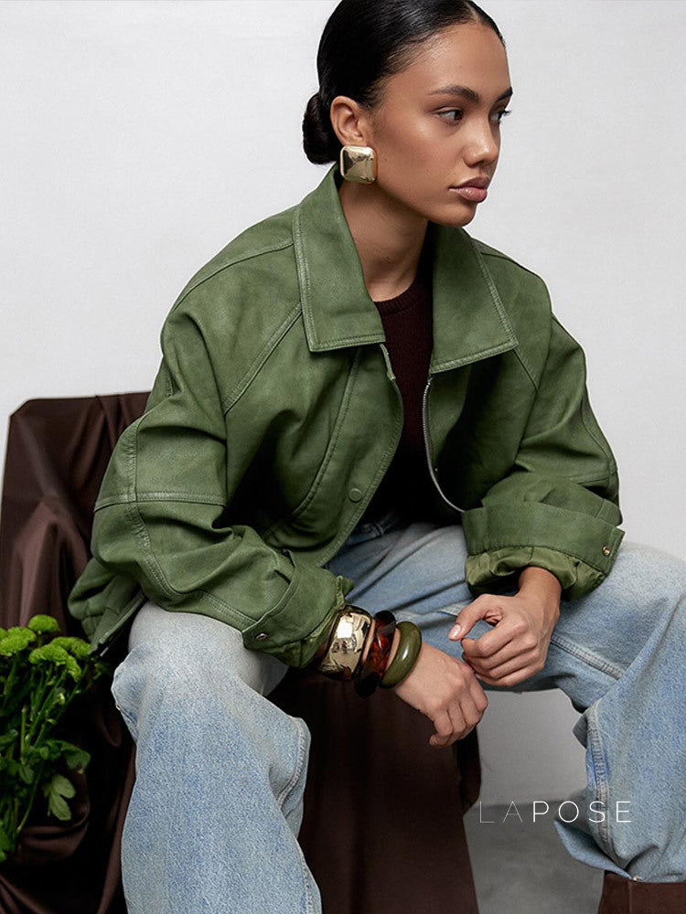 Lilia Green Oversized Faux Leather Jacket [KLNHHFEZ]