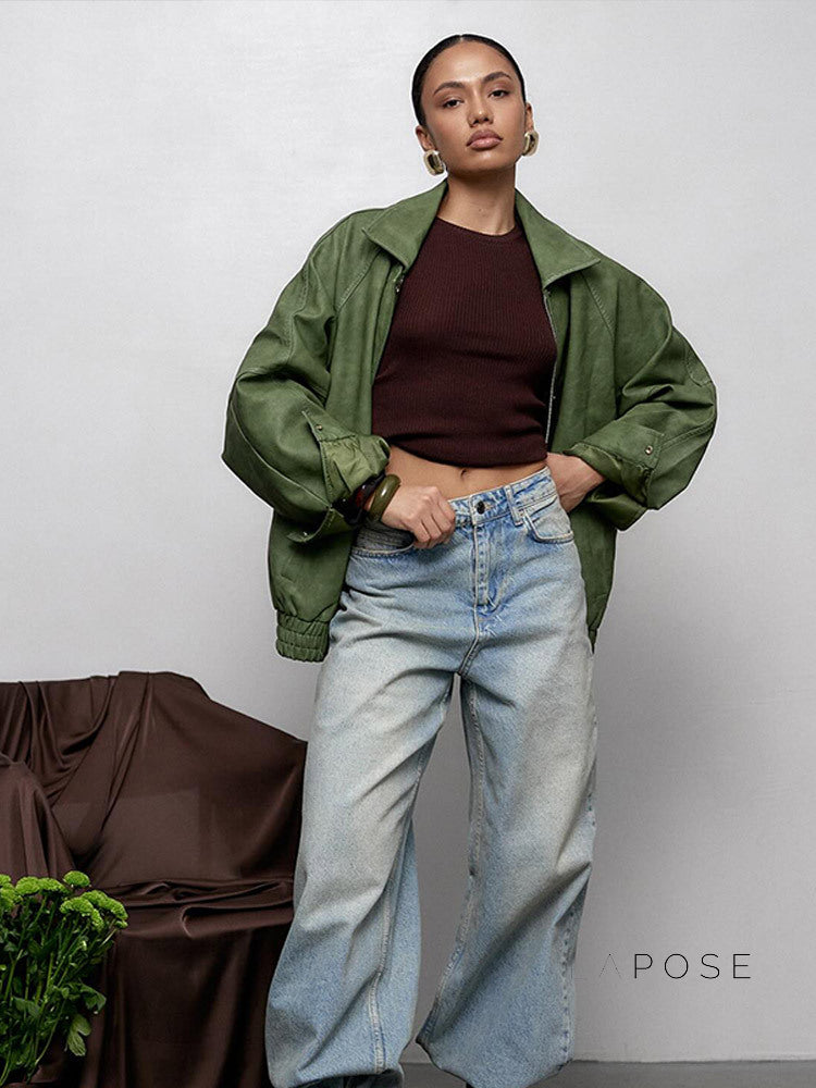 Lilia Green Oversized Faux Leather Jacket [G2MSRUAK]