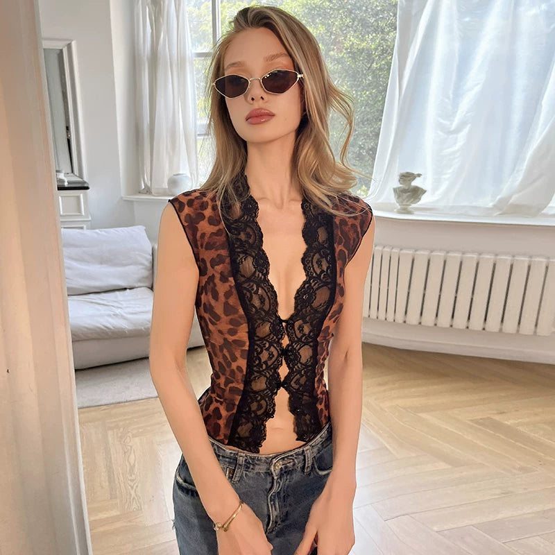 LaPose - Lilyanna Leopard Lace Mesh Top