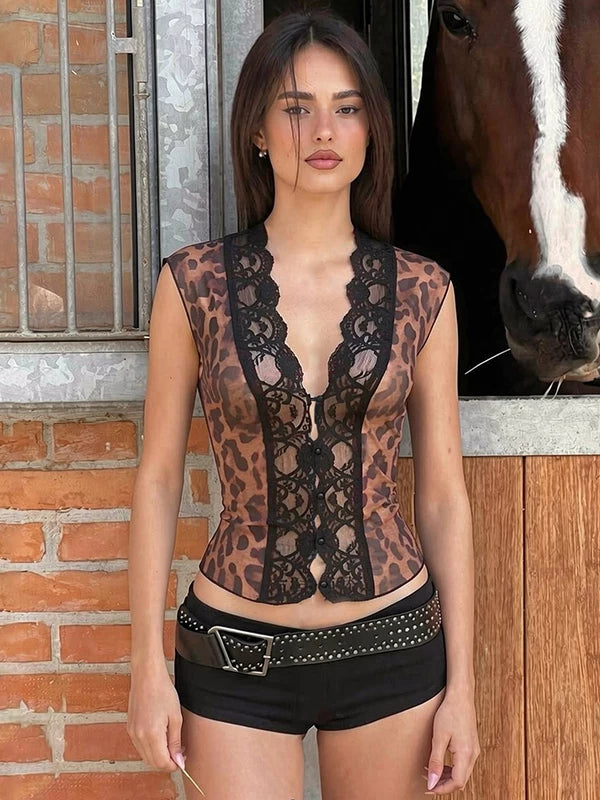 LaPose - Lilyanna Leopard Lace Mesh Top