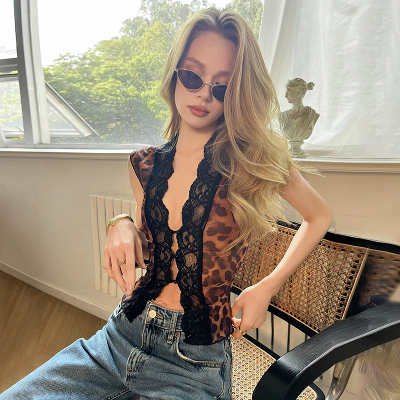 LaPose - Lilyanna Leopard Lace Mesh Top