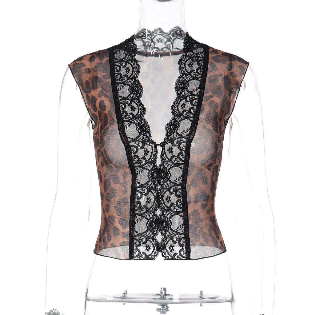 LaPose - Lilyanna Leopard Lace Mesh Top - Leopard Color