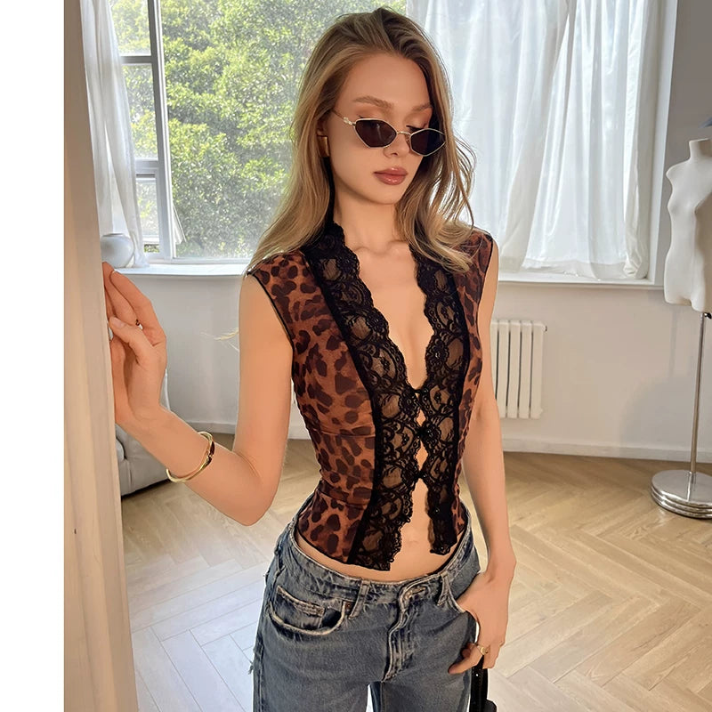 LaPose - Lilyanna Leopard Lace Mesh Top