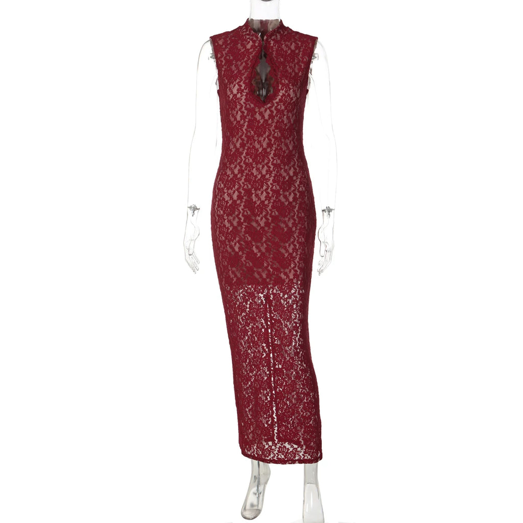 LaPose - Lucca Lace Cutout Maxi Dress - Wine Red Color