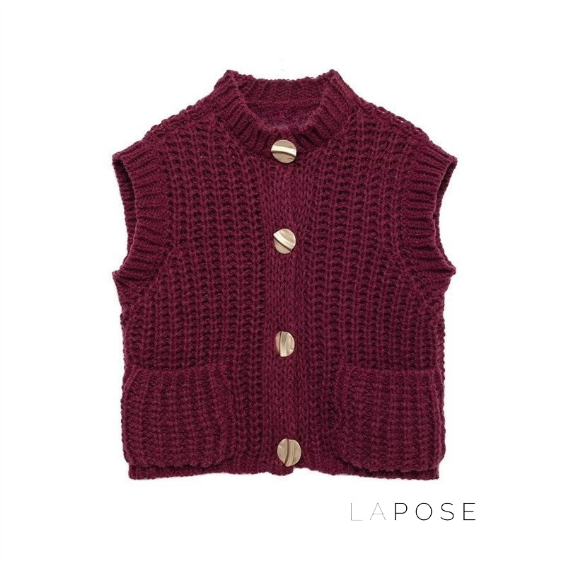 Maggie Button-Up Knit Vest [DBAV42YT]