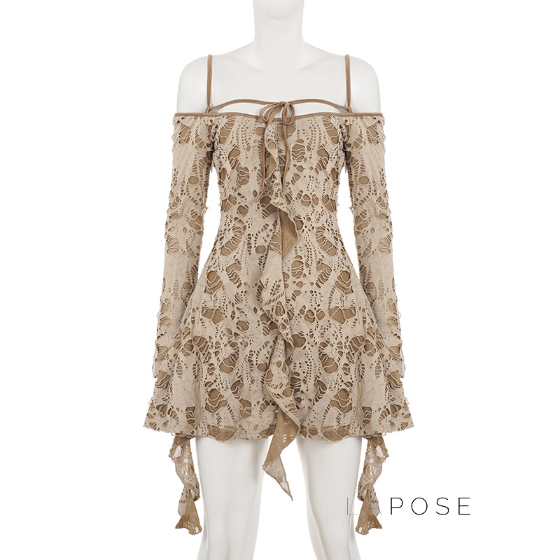 Malayshia Distressed Off-Shoulder Mini Dress [08WC77C9]
