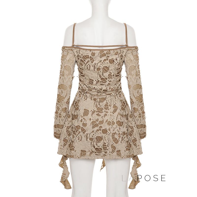 Malayshia Distressed Off-Shoulder Mini Dress [8OAUG8IA]